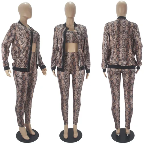 Women Sexy Snake Print 3-Piece Set Polyester Long Sleeve Zipper Cardigan Tube Top And Long Pants Slim Fit Clubwear Party Outfit