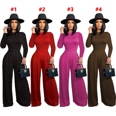 Women Urban Fashion Polyester Top And Bottom Solid Color Long Sleeve Bodysuit Ruched Wide Leg Pants Two Piece Casual Outfit
