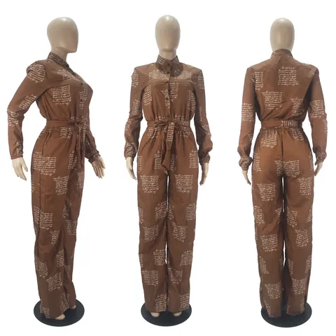 Women Casual Loose Fit Shirt Collar Long Sleeve Jumpsuit With Belt And Pockets Elegant Script Letter Print Wide Leg Top And Bottom