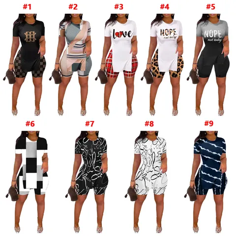 Ensemble Top And Bottom Décontracté pour Femmes Imprimé Abstrait Col Rond Manches Courtes Ourlet Fendu et Short Mode Streetwear