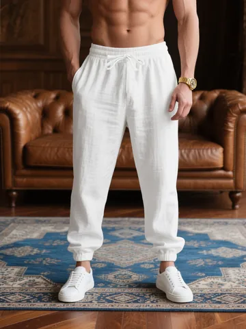 Men's Casual Jogger Pants Cotton Blend Breathable Loose Drawstring Cuffed Sweatpants For Spring Summer Vacation Sports Bottoms
