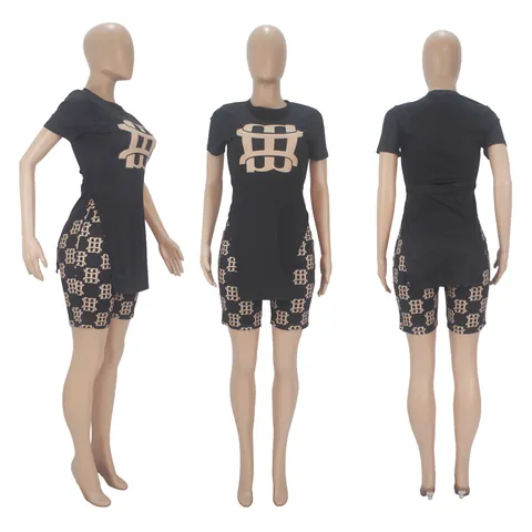 Ensemble Top And Bottom Décontracté pour Femmes Imprimé Abstrait Col Rond Manches Courtes Ourlet Fendu et Short Mode Streetwear
