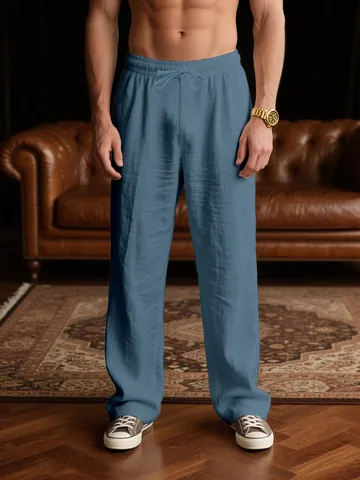 Men's Casual Cotton Blend Straight Leg Pants Loose Fit Breathable Solid Color Lightweight Sport Trousers With Drawstring Waist