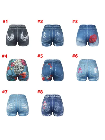 Women Sexy Denim Print Yoga Shorts High Waist Slim Fit Skinny Shorts Skull Rose Graphic Bottom For Gym Sport Casual Wear