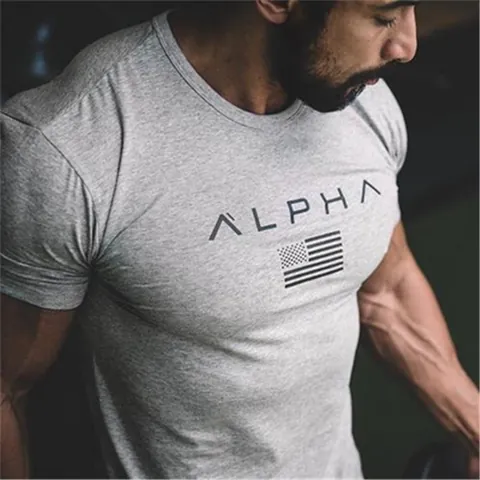 Men's Muscle Gym Sport T-Shirt Cotton Letter Flag Print Short Sleeve Round Neck Fitness Training Running Casual Top