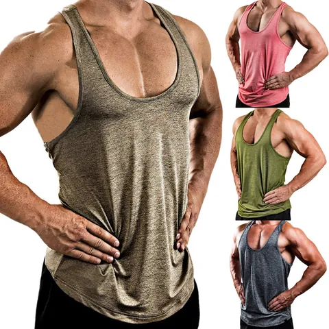 Men Muscle Gym Tank Top V Neck Stringer Bodybuilding Vest Sleeveless Workout Shirt Heathered Polyester Solid Color Top