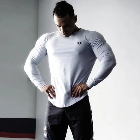 Maglietta a Compressione da Uomo a Manica Lunga Muscle Fit Gym Top Sportivo Stampato in Misto Cotone per Allenamento