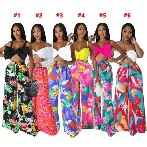 Damen Mode Casual Tropisch Floral Druck Weites Bein Hose Mit Taschen Polyester Hohe Taille Locker Urlaubshose
