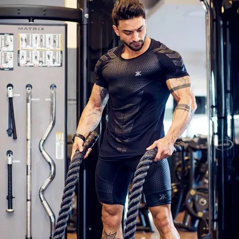 Men Compression T-Shirt Quick Dry High Stretch Muscle Gym Fitness Workout Short Sleeve Sport Training Printed Bodybuilding Top