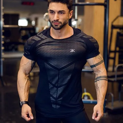 Men Compression T-Shirt Quick Dry High Stretch Muscle Gym Fitness Workout Short Sleeve Sport Training Printed Bodybuilding Top