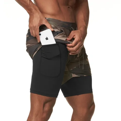 Pantalones Cortos Deportivos 2 en 1 para Hombre Secado Rápido Transpirables Pantalones Cortos de Fitness Con Forro de Compresión Bucle para Toalla Bolsillos Ocultos Poliéster Pantalones Cortos Hombre