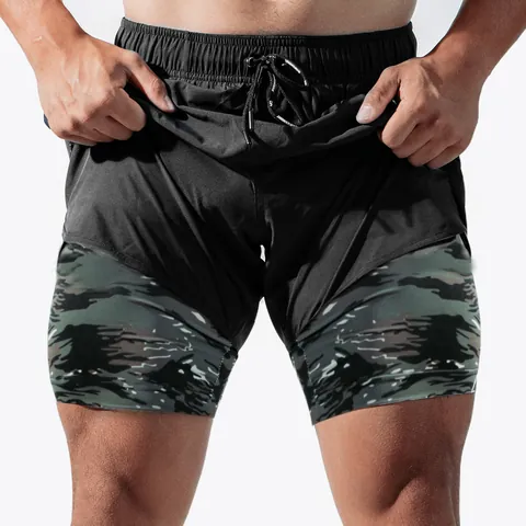 Men's 2-in-1 Running Shorts Double Layer Quick Dry Workout Fitness Gym Training Shorts With Camo Lining Zipper Pockets Drawstring