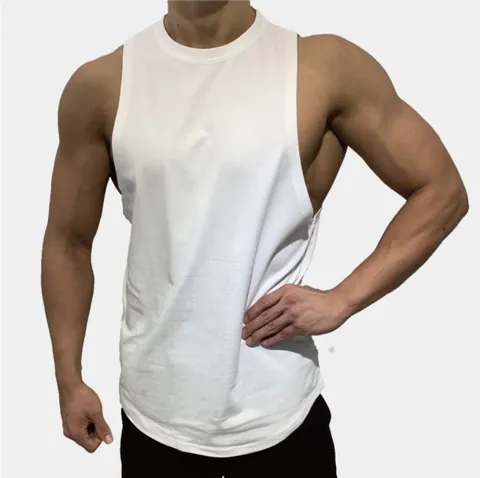 Men Muscle Fit Fitness Tank Top Cotton Elastic Stringer Sleeveless Gym Training Vest Round Neck Curved Hem Sports Top