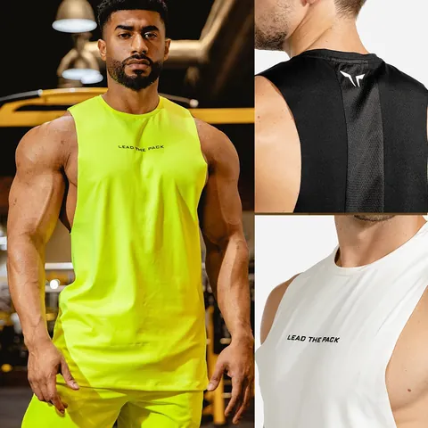 Men Muscle Fitness Tank Top Breathable Slim Fit Gym Sleeveless Top Lead The Pack Print Mesh Back Sportswear Training Top