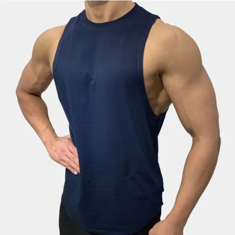 Men Muscle Fit Fitness Tank Top Cotton Elastic Stringer Sleeveless Gym Training Vest Round Neck Curved Hem Sports Top