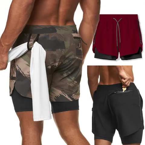 Pantalones Cortos Deportivos 2 en 1 para Hombre Secado Rápido Transpirables Pantalones Cortos de Fitness Con Forro de Compresión Bucle para Toalla Bolsillos Ocultos Poliéster Pantalones Cortos Hombre