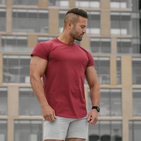 Men's Muscle Fit Solid Color Bodybuilding T-Shirt Short Sleeve Running Training Gym Top With Curved Hem