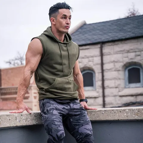 Men's Hooded Gym Vest Sleeveless Raw Edge Muscle Tank Top Cotton Breathable Workout Sport Vest For Running Training Top