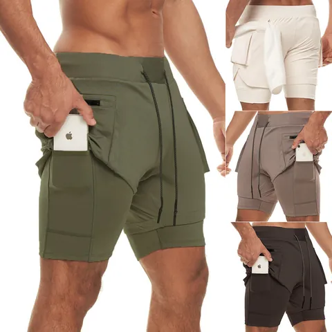 Pantalones Cortos de Correr de Doble Capa para Hombre Pantalones de Gimnasia Con Bolsillo Oculto Lazo para Toalla