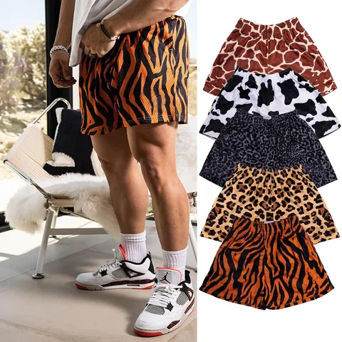 Summer American High Street Leopard Print Shorts Unisex Athletic Mesh Basketball Shorts Loose Breathable Casual Bottoms