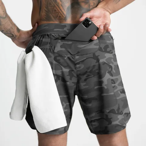 Men's Quick Dry Woven Sports Shorts With Zipper Pockets Towel Loop Solid Color Camouflage Fitness Running Casual Gym Bottom