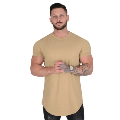 Men Cotton T-Shirt Short Sleeve Round Neck Curved Hem Solid Color Muscle Fit Summer Casual Sports Streetwear Trend Top