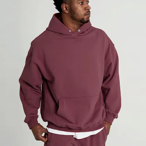 Felpa con Cappuccio da Uomo in Cotone Pesante Casual Larga Sportiva Oversize Spalla Cadente Top Con Tasca a Canguro Tinta Unita