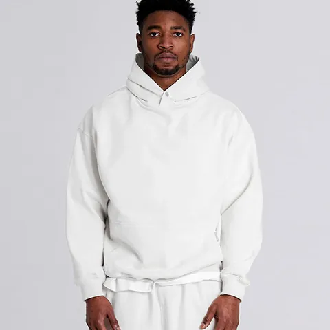 Felpa con Cappuccio da Uomo in Cotone Pesante Casual Larga Sportiva Oversize Spalla Cadente Top Con Tasca a Canguro Tinta Unita