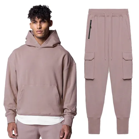 Men's Athletic Leisure Cargo Tracksuit Solid Color Hooded Top And Bottom For Gym Running Casual Outdoor Sportswear