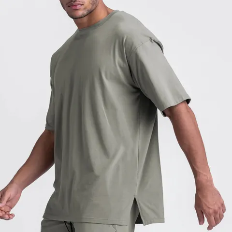 Men's American Oversized Sports T-Shirt Cotton Blend Solid Color Round Neck Short Sleeve Top With Side Slit Hem Loose Fit Casual Athletic T-Shirt