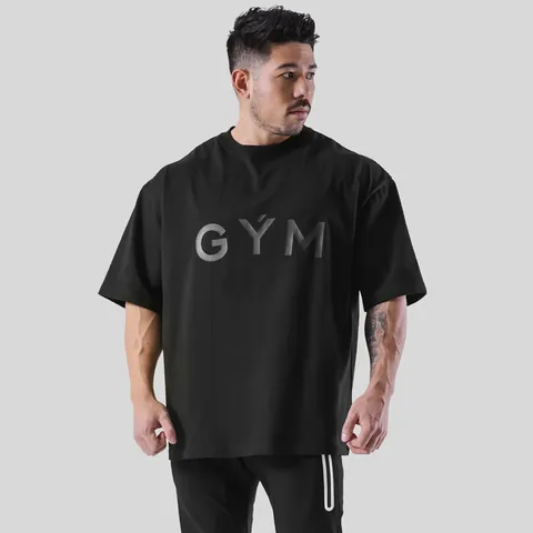 Men Oversized Cotton Sports T-Shirt Loose Fit GYM Letter Printed Round Neck Short Sleeve Workout Fitness Training Casual Top