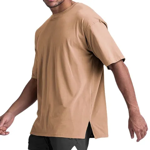 Men's American Oversized Sports T-Shirt Cotton Blend Solid Color Round Neck Short Sleeve Top With Side Slit Hem Loose Fit Casual Athletic T-Shirt