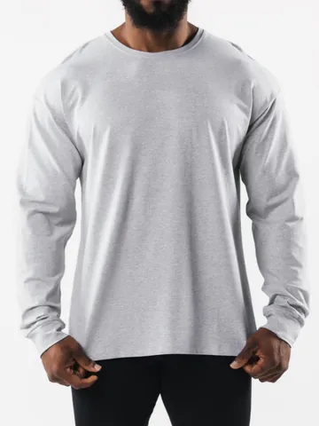 Men Casual Sports Long Sleeve T-Shirt Cotton Spandex Blend Loose Fit Round Neck Solid Color Breathable Workout Running Gym Top