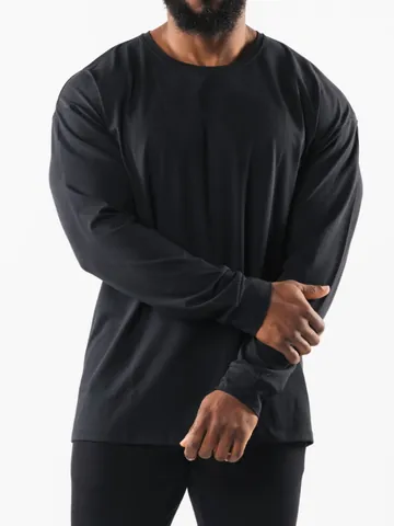 Men Casual Sports Long Sleeve T-Shirt Cotton Spandex Blend Loose Fit Round Neck Solid Color Breathable Workout Running Gym Top