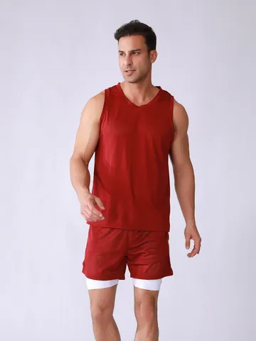 Men Quick Dry Mesh Sports Set Sleeveless Tank Top And Double Layer Shorts Summer Breathable Fitness Gym Wear Top And Bottom