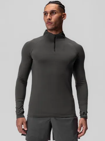 Men's Quick Dry Compression Sports T-Shirt Half-Zip Stand Collar Long Sleeve High Elastic Fitness Workout Top With Thumb Holes