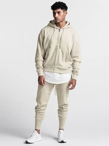 Men's Athletic Leisure Suit Cotton Blend French Terry Zip Up Hooded Top And Bottom Joggers Sweatsuit Sportswear