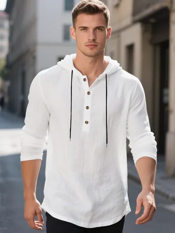 Sweat à Capuche Henley Décontracté pour Homme Léger à Manches Longues Couleur Unie Boutonné Top en Coton pour Vacances Plage