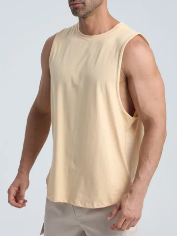 Men Cotton Spandex Sport Tank Top Muscle Fit Gym Running Breathable Round Neck Sleeveless Shirt Curved Hem Exercise Top