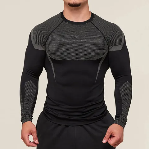 Men's Quick Dry Compression Long Sleeve T-Shirt Sports Fitness Gym Training Top Printed Breathable Polyester Athletic Shirt