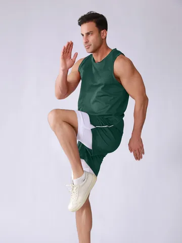 Men Quick Dry Mesh Sports Set Sleeveless Tank Top And Double Layer Shorts Summer Breathable Fitness Gym Wear Top And Bottom