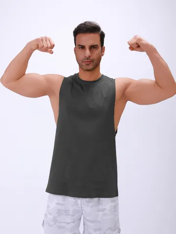Men's Sleeveless Sports Tank Top Quick Dry Moisture Wicking Ice Feel Muscle Fitness Top Solid Color Round Neck Gym Vest