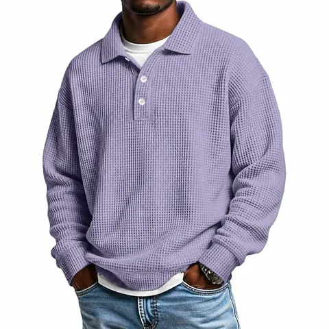 Polo à Manches Longues en Maille Gauffrée Rétro Américain pour Hommes Coupe Décontractée en Polyester Haut Casual Couleur Unie Automne Hiver
