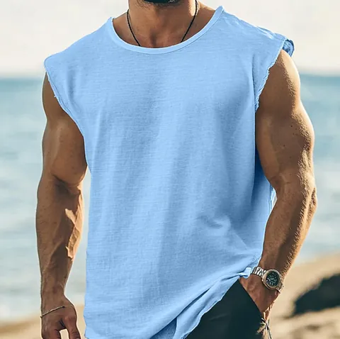 Men's Cotton Sports Fitness Tank Top Raw Edge Loose Fit Sleeveless Muscle Gym Shirt Running Athletic Vest Top