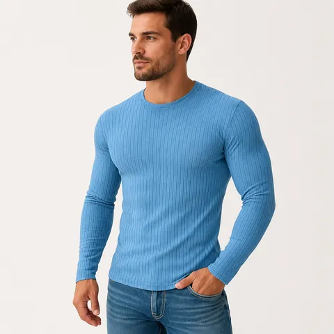Men's Casual Long Sleeve T-Shirt Ribbed Texture Breathable Stretch Quick Dry Crew Neck Solid Color Sports Fashion Top