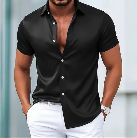 Men Slim Fit Shiny Satin Short Sleeve Shirt Solid Color Casual Clubwear Top Fashion Lapel Button Down Dress Shirt For Men