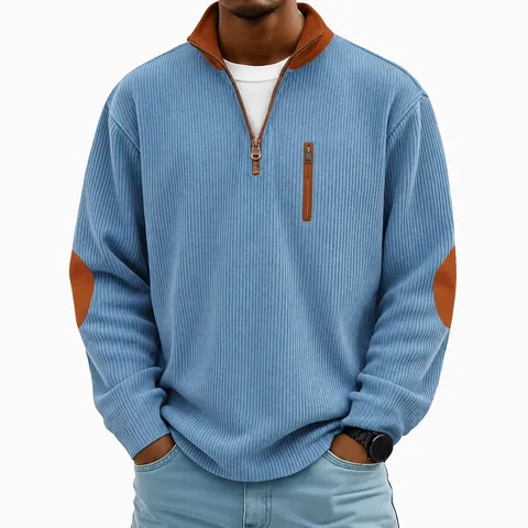 Men's Heavyweight Corduroy Sweatshirt Half Zipper Stand Collar Loose Pullover Jacket Casual Long Sleeve Patchwork Top