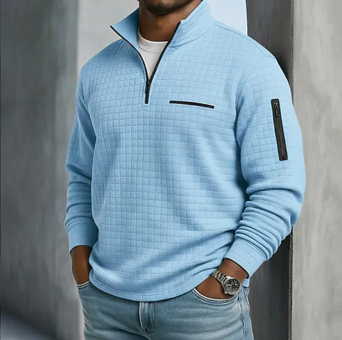 Polo à Manches Longues pour Hommes Texture en Damier Pull à Quart de Zip Avec Poche Zippée sur le Bras Sweatshirt de Sport Décontracté
