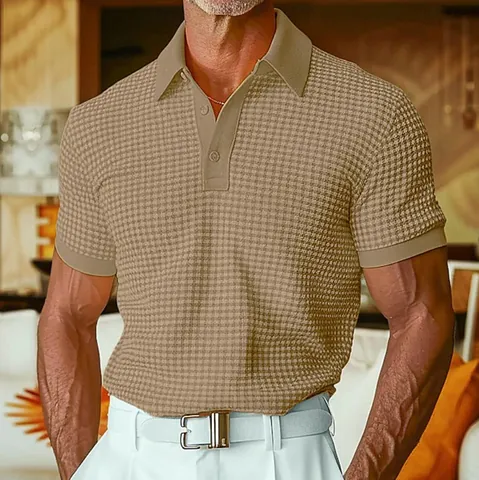 Men's Waffle Knit Polo Shirt Cotton Blend Short Sleeve Button Lapel Casual Summer Golf Top Lightweight Breathable Polo