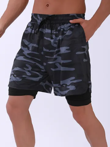 Pantalones Cortos de Deporte 2 en 1 Camuflaje para Hombre Secado Rápido Gym Athletic Performance Con Bolsillo para Teléfono Y Bucle de Toalla Estampado Camo